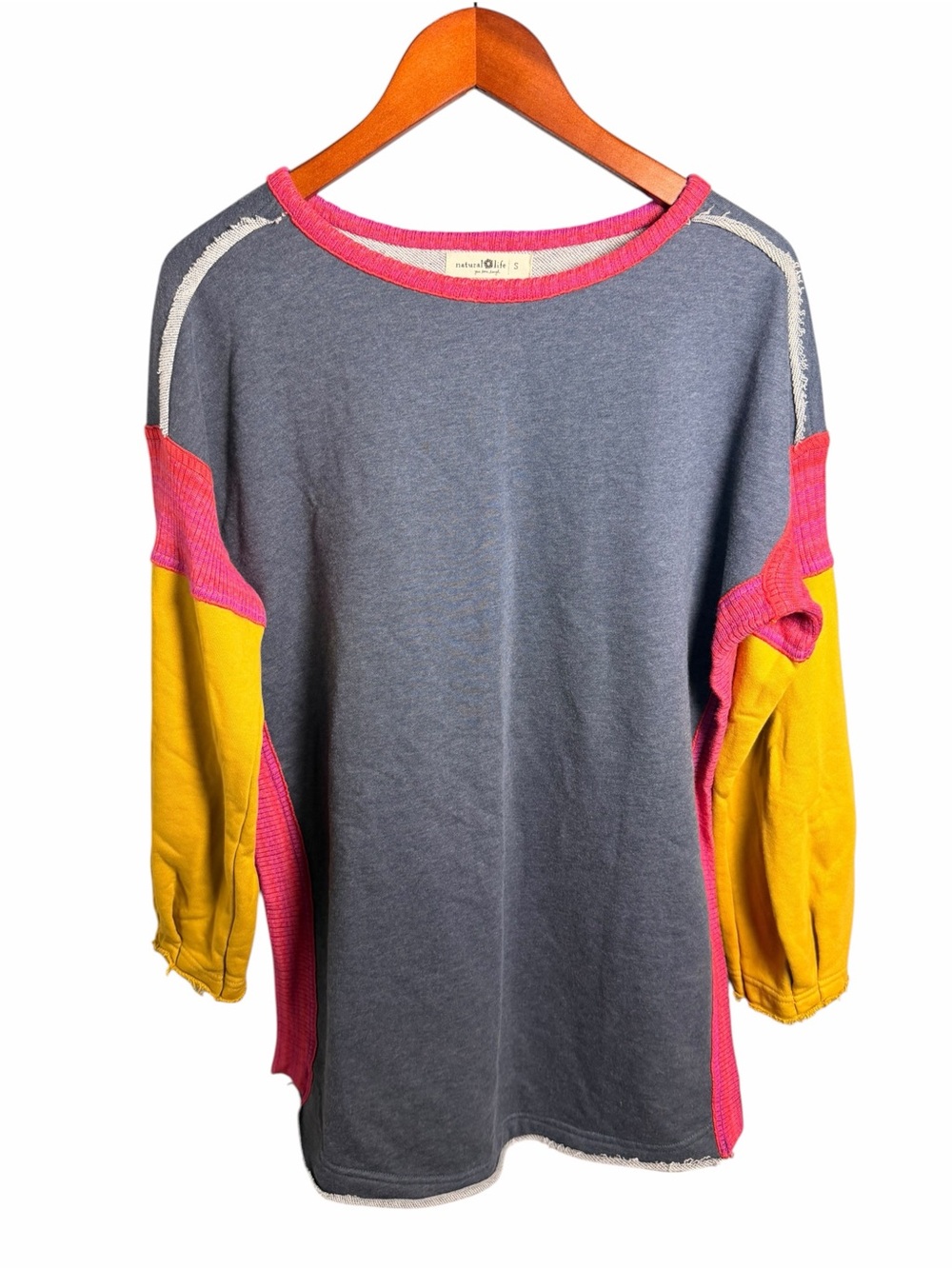 NATURAL LIFE Gray Crewneck Sweater with Pink Trim & Yellow Sleeves S